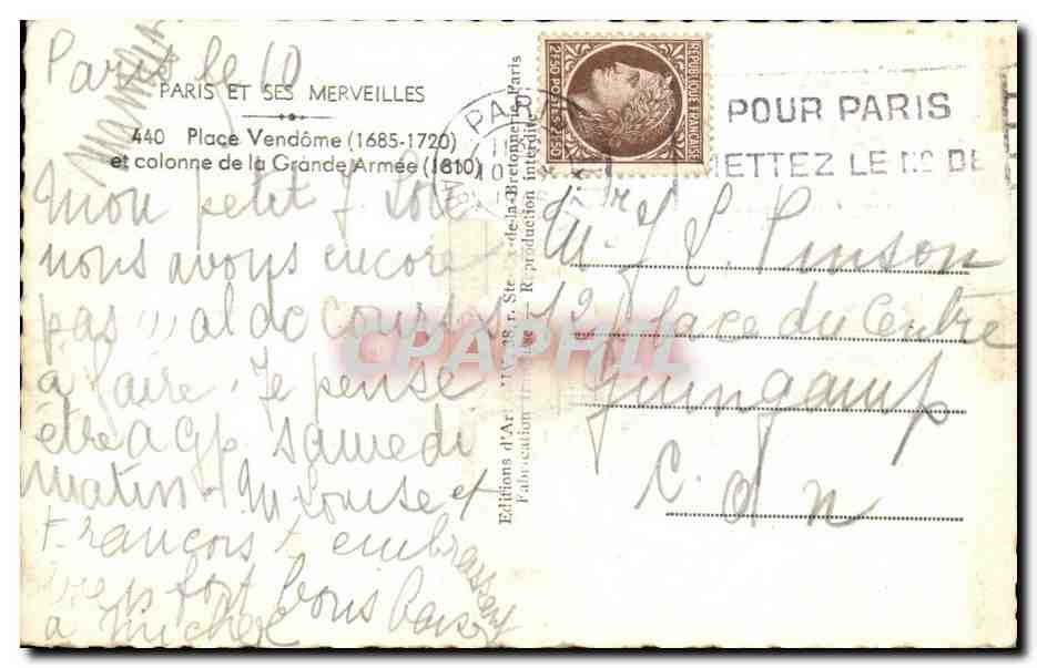 CPA Paris Et Ses Merveilles Place Vendome et colonne de la Grande Armee — Rückseite