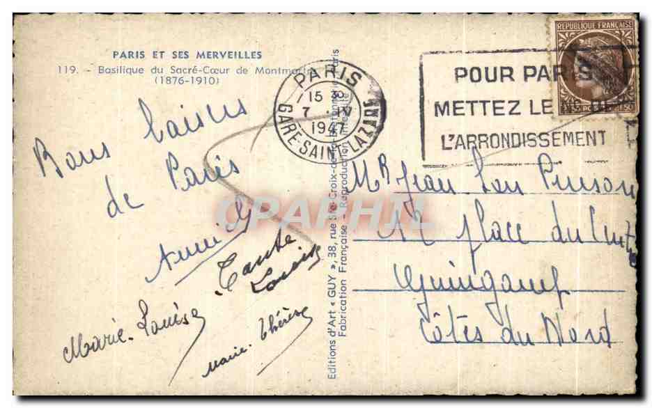 Basilica del Sacro Cuore di Montmartre — Parigi — Edizioni d'Arte « GUY » — Verso