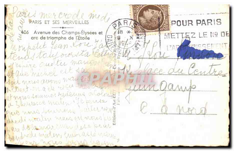CPA Paris Avenue des Champs Elysees et arc de triomphe de l'Etoile — Rückseite