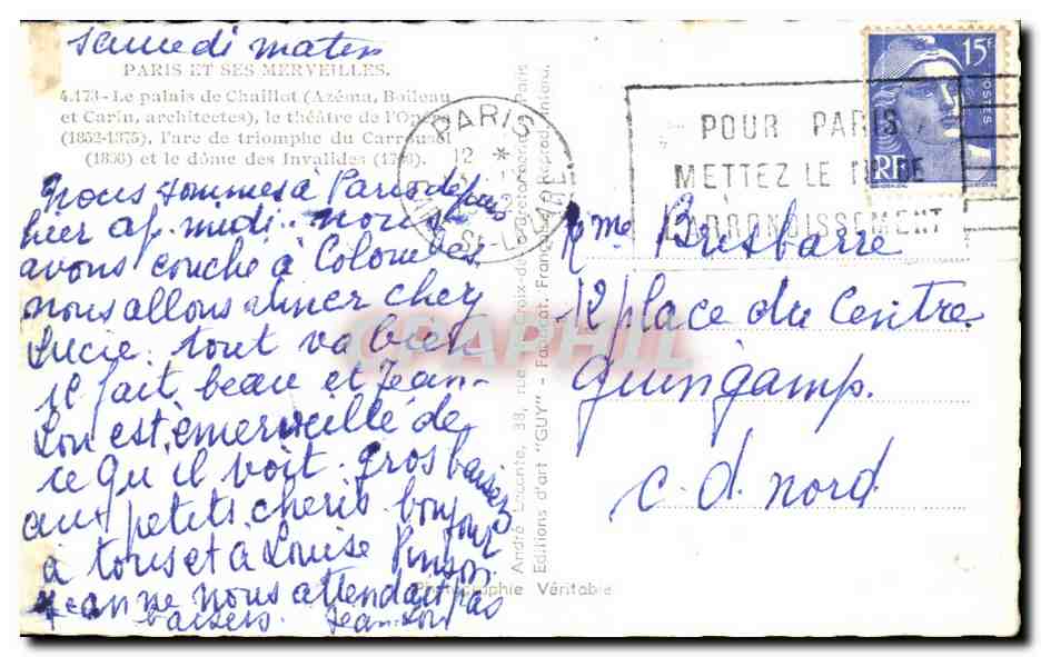 Paris et ses merveilles — 4.173 — Palais de Chaillot, Opéra, Arc de Triomphe, Dôme des Invalides — Éditions André Guy — Rückseite
