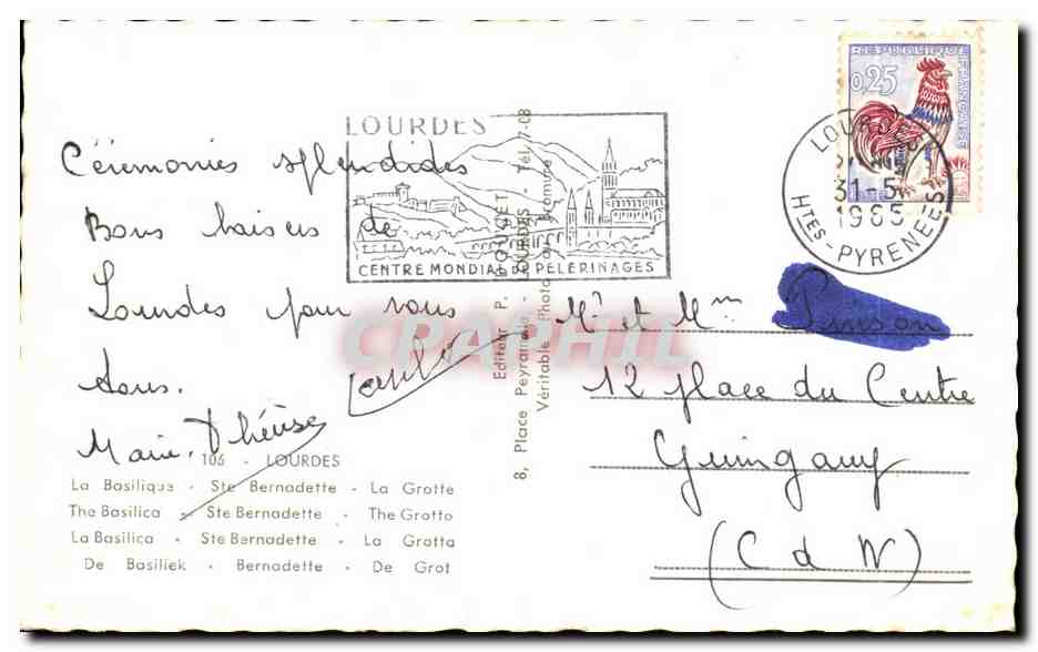 CPA Lourdes La Basilique et le Pic du Jer Bernadette — Verso