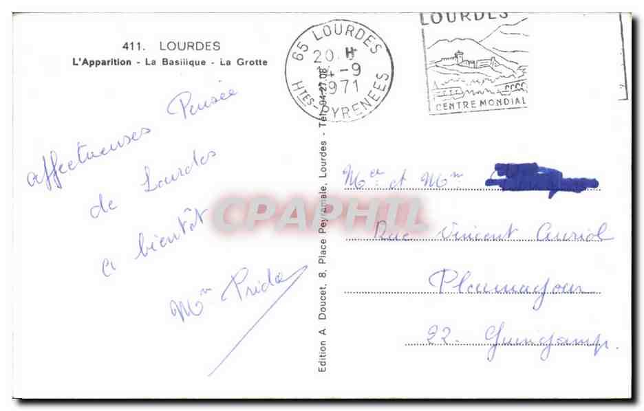 CPA Lourdes L'Apparition La Basilique La Grotte — Verso