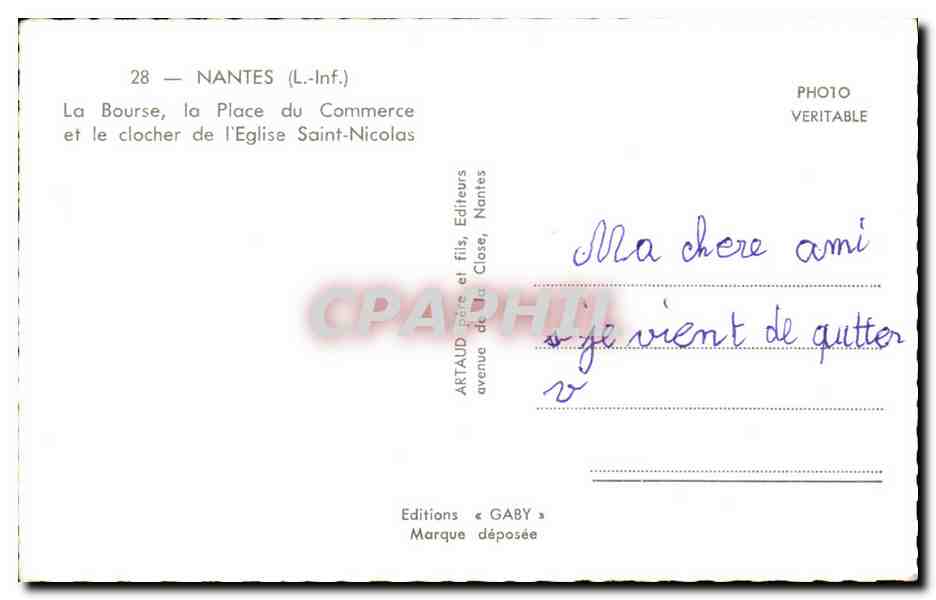 CPA Nantes La Bourse la Placde du Commerce et le clocher de l'Eglise Saint Nicolas — Rückseite