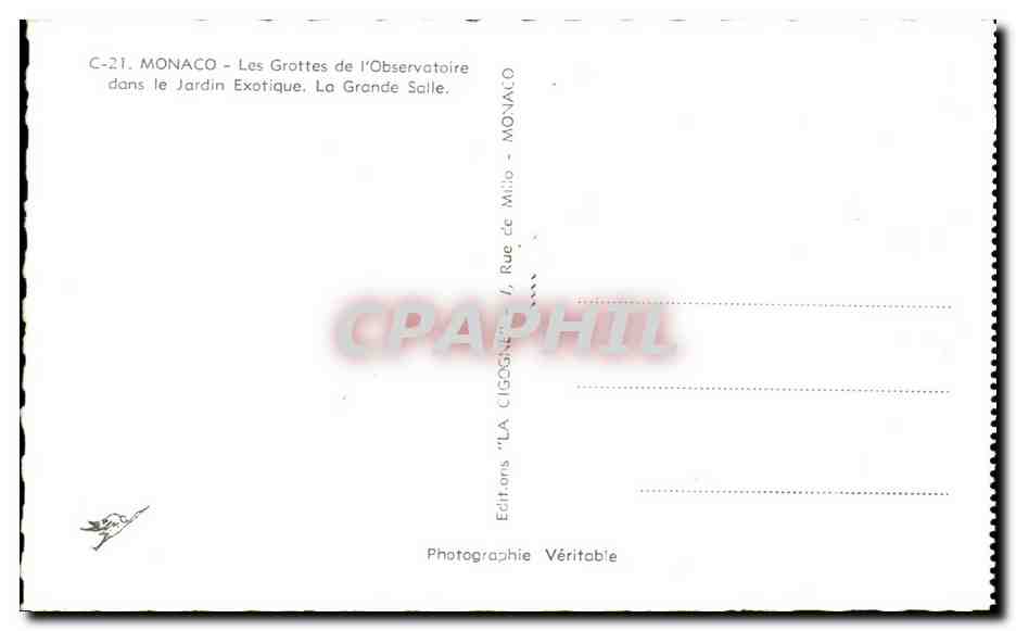 Monaco - Les Grottes de l'Observatoire dans le Jardin Exotique, La Grande Salle — Éditions 'LA CIGOGNE' - C-21 — Verso