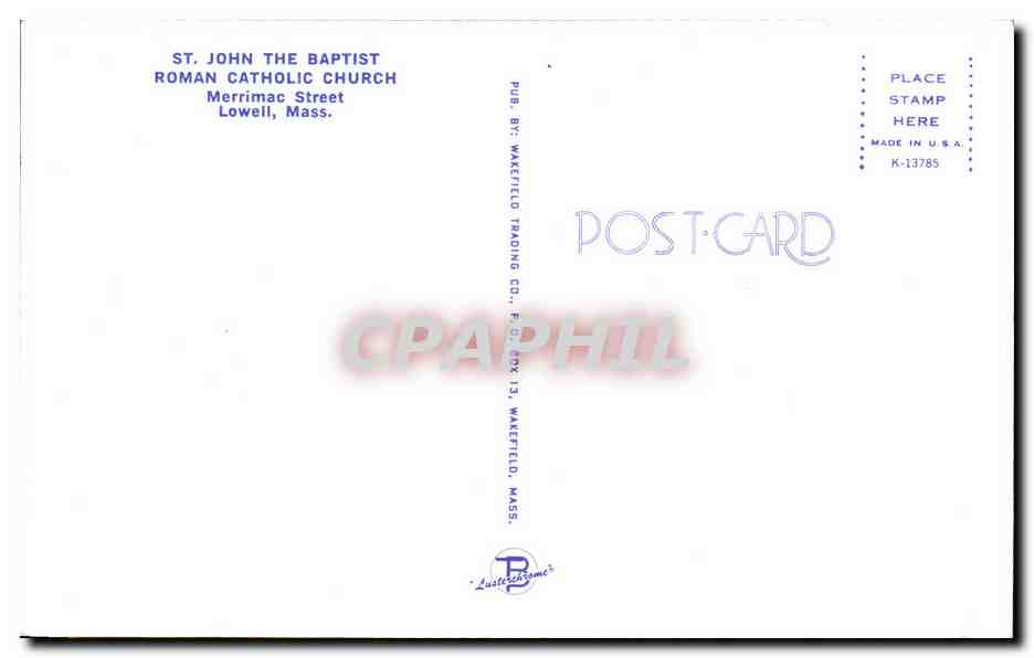 CPA John The Baptist Roman Catholic Church Merrimac Street Lowell Mass — Rückseite