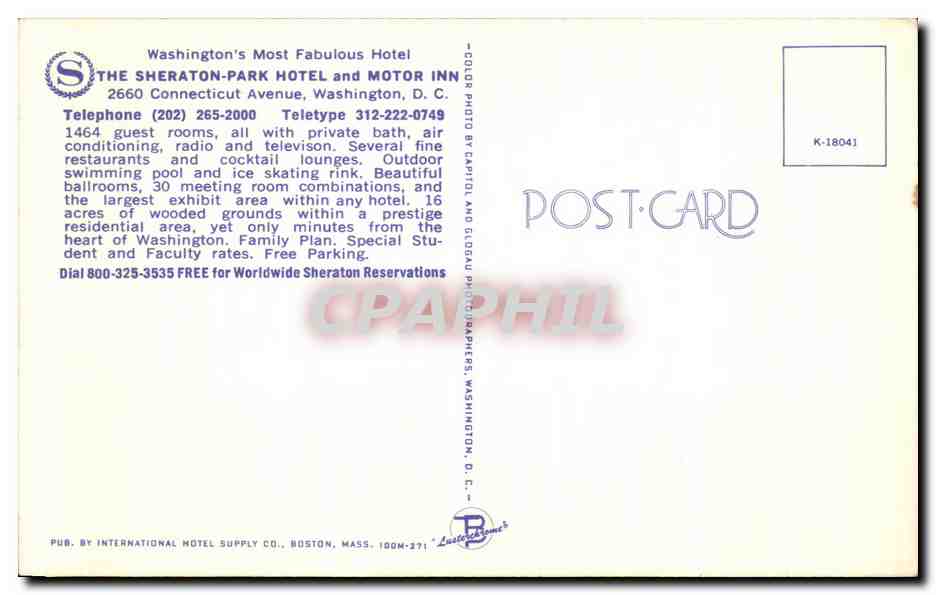 CPA The Sheraton Park Hotel and Motor Inn  — Rückseite