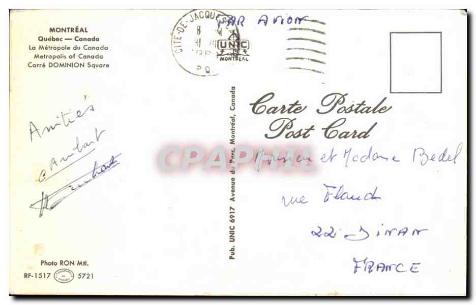 CPA Montreal Quebec Canada La Metropole du Canada Metropolis of Canada — Verso