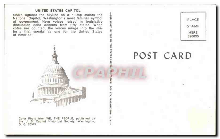 Capitole des États-Unis — Washington D.C. — Publié par la Société Historique du Capitole des États-Unis — Verso