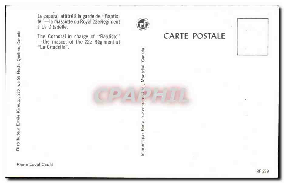 Garde du 22e Régiment — mascotte "Baptiste" — Éditeur Emile Kirouac, Québec — Reverso