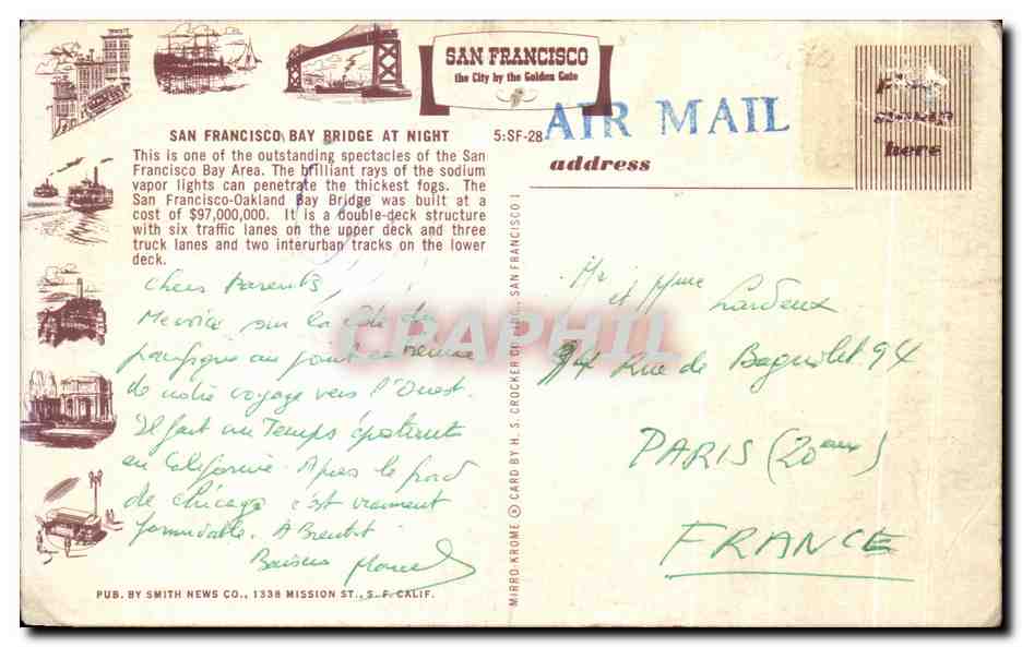 San Francisco Bay Bridge à la nuit — édition Smith News Co. — n° 5-SF-28 — Rückseite