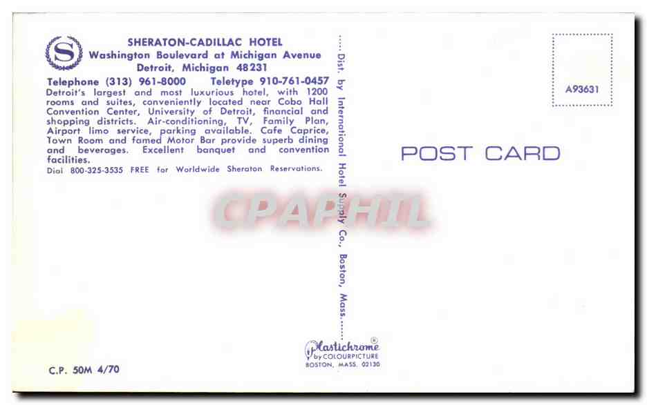 CPA Sheraton Cadillac Hotel Washington boulevard at Michigan Avenue Detroit Michigan — Back