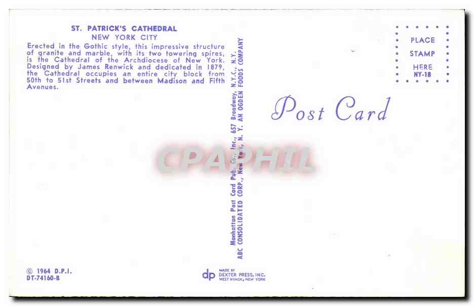CPA St Patrick's Cathedral New York City — Rückseite