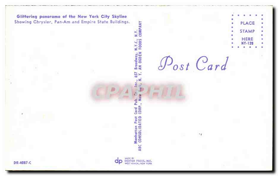 CPA Glittering panorama of the New York City Skyline Showing Chrysler Pan Am and Empire Sate Buildings — Rückseite