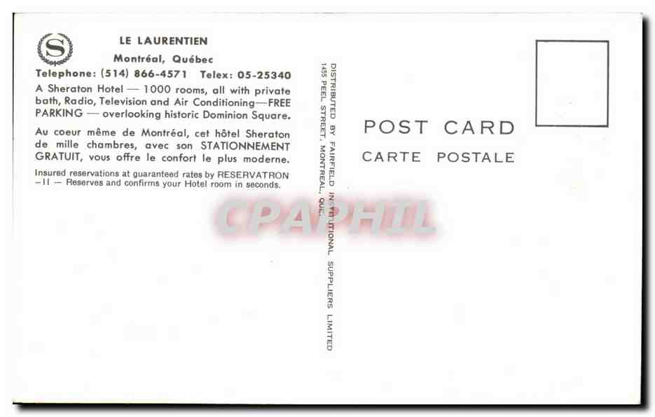 Antike Ansichtskarte Le Laurentien Montreal Quebec A sheraton Hotel rooms all with private bath Radio Television and Air Conditioning — Rückseite