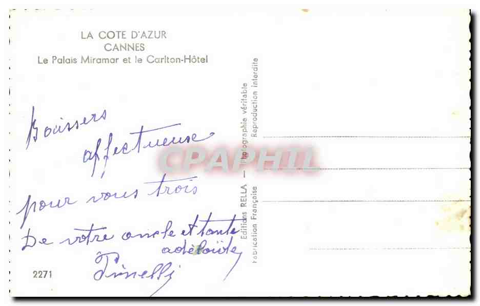 CPA La Cote D'Azur Cannes Le Palais Miramar et le Carlton Hotel — Verso