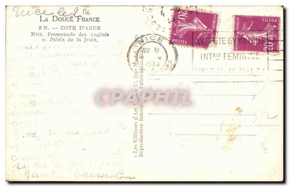 CPA La Douce France Cote D'Azur Nice Promenade des Anglais et Palais de la Jetee — Rückseite