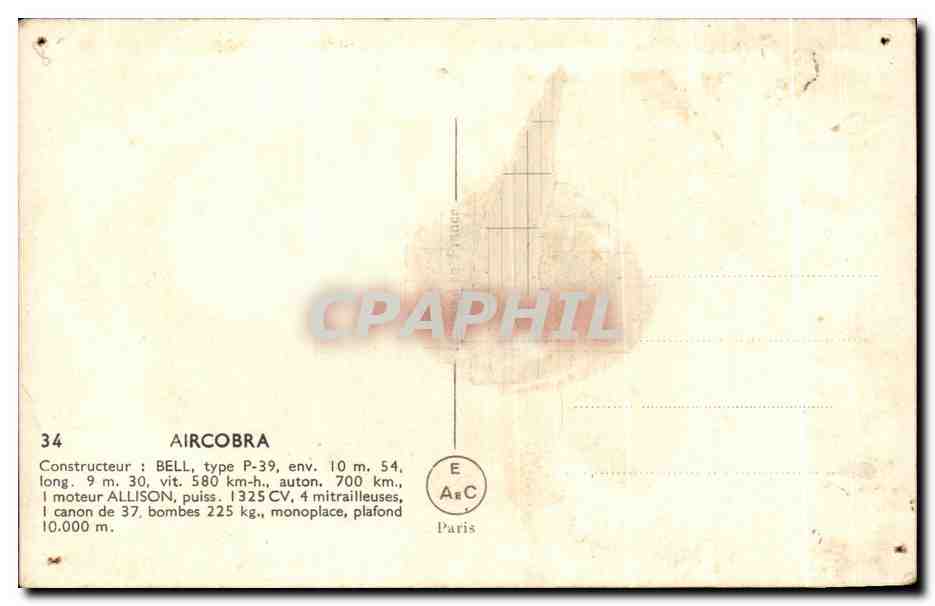 CPA Aircobra Contructeur Bell type P39 Avion Aeroplane — Rückseite