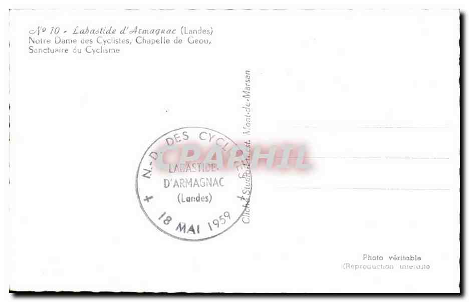 CPA Labastide d'Armagmac (Landes) Notre Dame des Cyclisles Chapelle de Geou Sanctuaire du Cyclisme Cycle Bike cycling Ve — Back