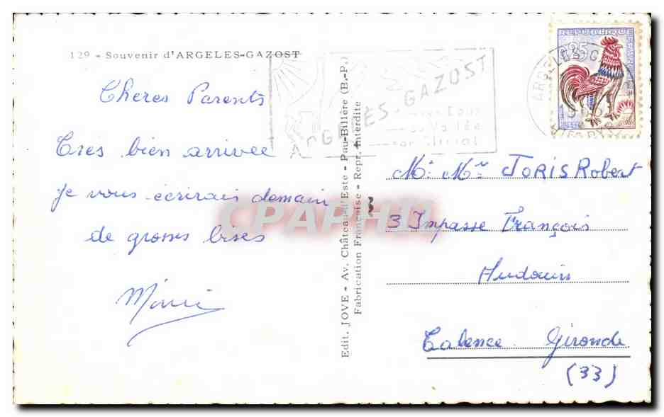 Argelès-Gazost — Souvenir d'Argelès-Gazost — Éditeur JOVE, Pau-Béthière — Reverso