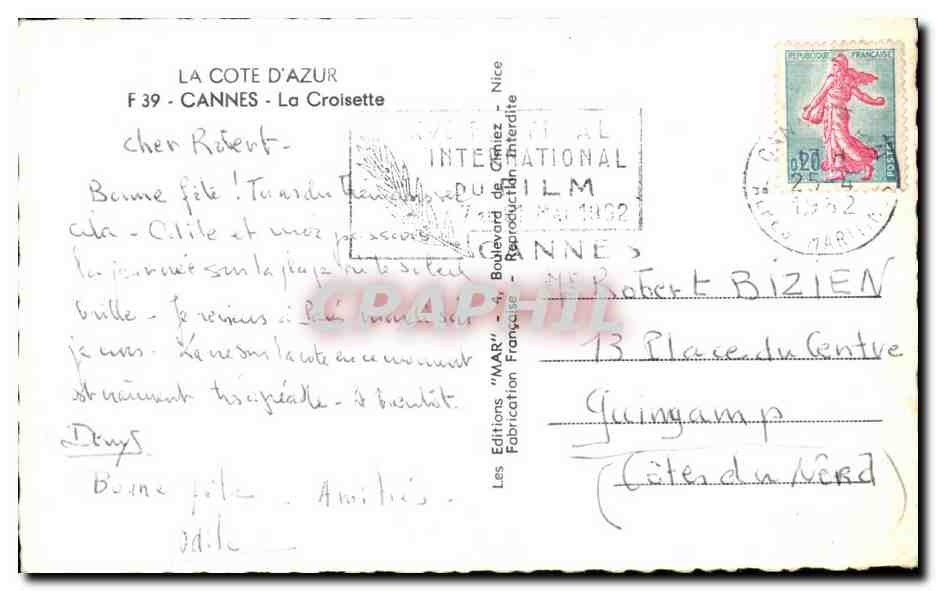 CPA La Cote D'Azur Cannes La Croisette — Verso