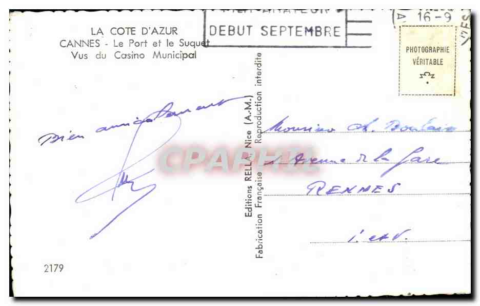 CPA La Cote D'Azur Cannes Le Port et le Suquet Vus du Casino Municipal — Verso