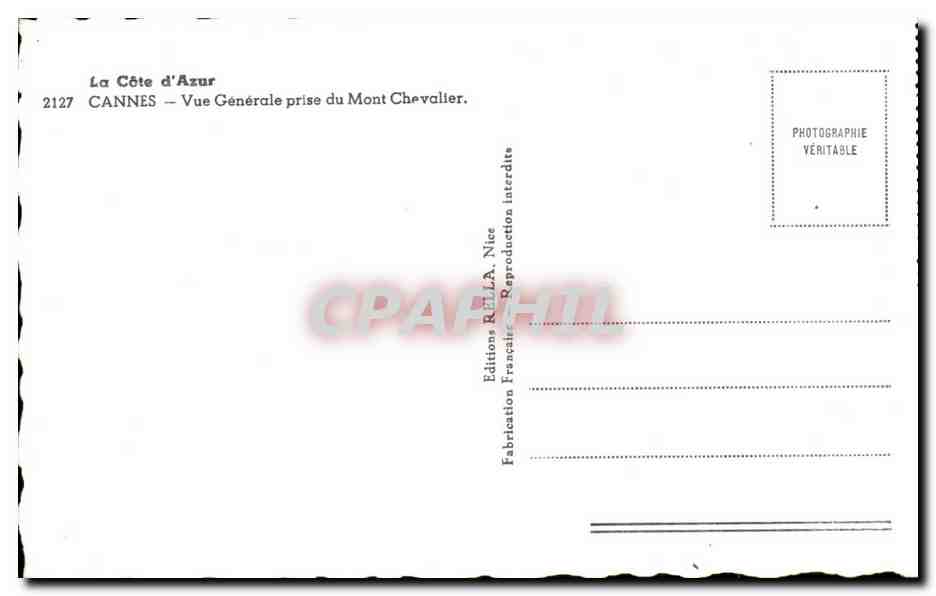 CPA La Cote d'Azur Cannes Vue Generale prise du Mont Chevalier — Rückseite