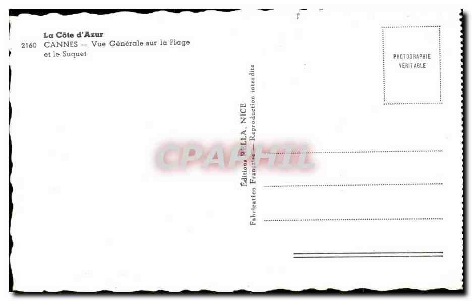 CPA La Cote d'Azur Cannes Vue Generale sur la Plage et le Suquet — Verso