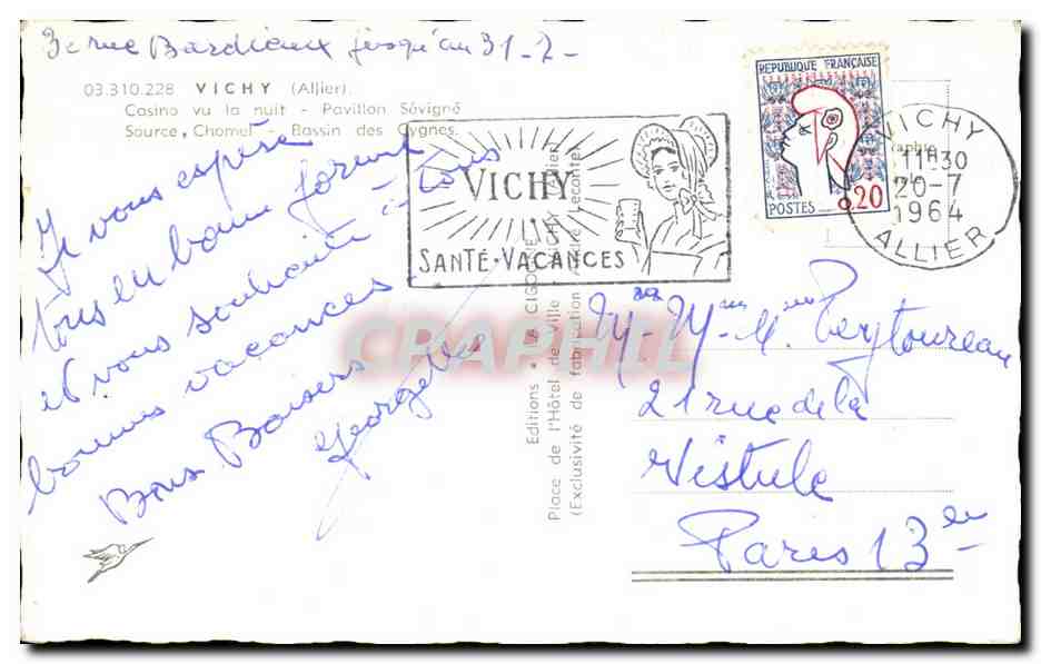 CPA Vichy Casino vu la nuit Pavillon Sevigne source Chomel — Verso