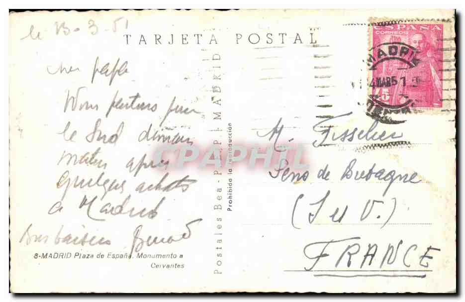 Madrid - Monumento a Cervantes — Postales Beas, n°8 — Rückseite
