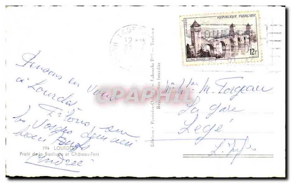 CPA Lourdes Profil de la basilique et Chateau Fort — Verso