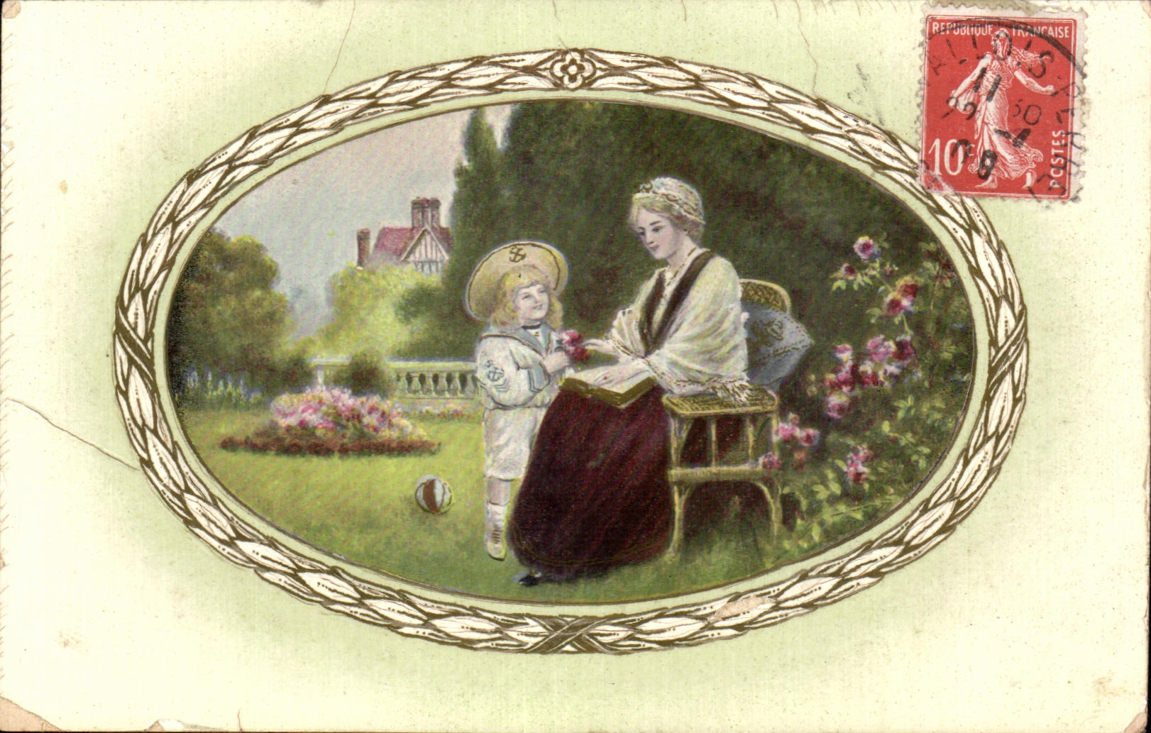 Femme et enfant dans un jardin — éditeur Annonobel, série 5012