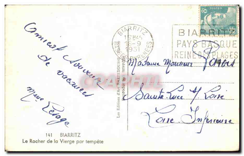 CPA Biarritz Le Rocher de la Vierge Par Tempete — Verso