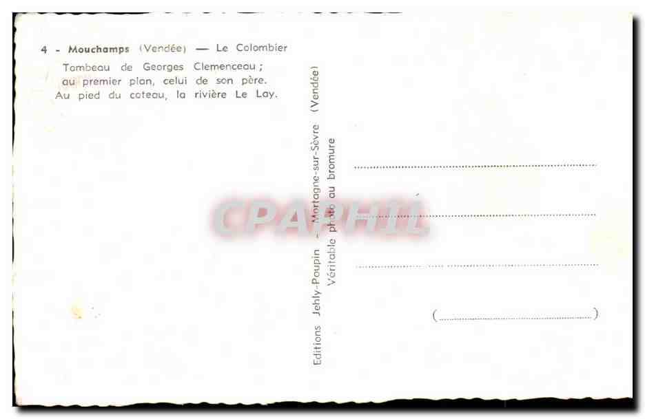 Mouchamps (Vendée) — Le Colombier — Tombeau de Georges Clemenceau ; au premier plan, celui de son père. Au pied du coteau, la rivière Le Lay. — Éditions Jehly-Paupin — Reverso