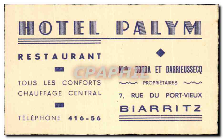 Carte de visite Biarritz Hotel Palym Restaurant Rue du Port Vieux