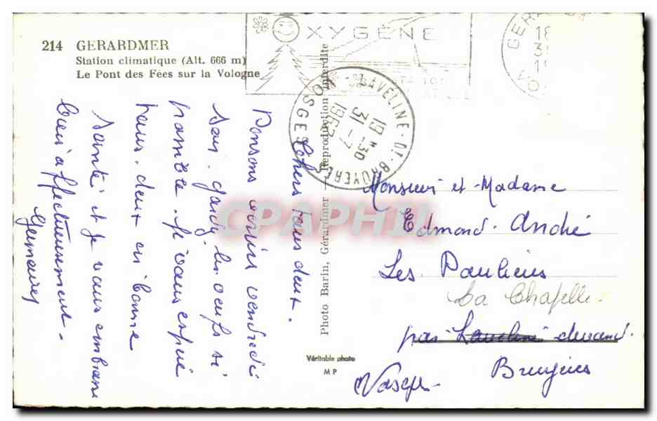 CPA Gerardmer Station climatique Le Pont des Fees sur la Vologne — Verso