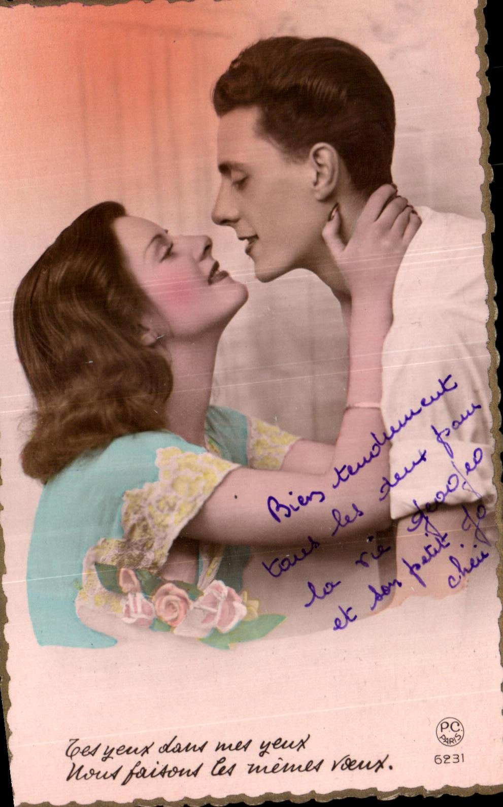 Couple amoureux — texte imprimé et message manuscrit — PC Paris n°6231