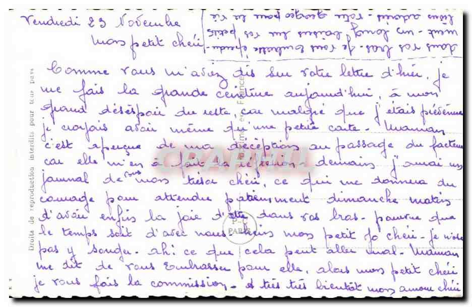 Couple amoureux — texte imprimé et message manuscrit — PC Paris n°6231 — Rückseite