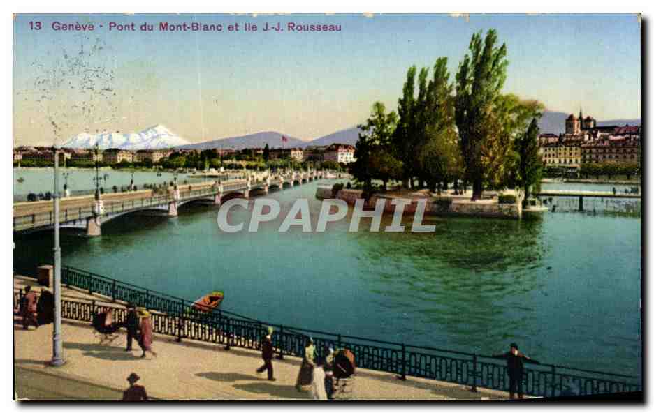 CPA Geneve Pont de Mont Blanc Ile JJ Rousseau Suisse