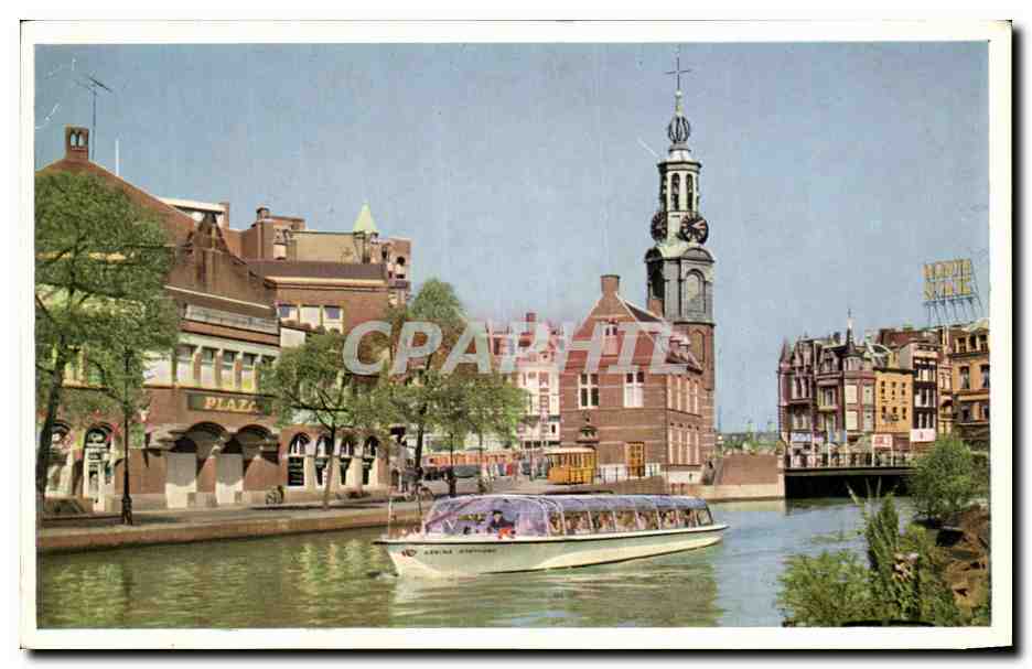 Amsterdam — Vue du canal avec bateau touristique et église — éditeur Plaza