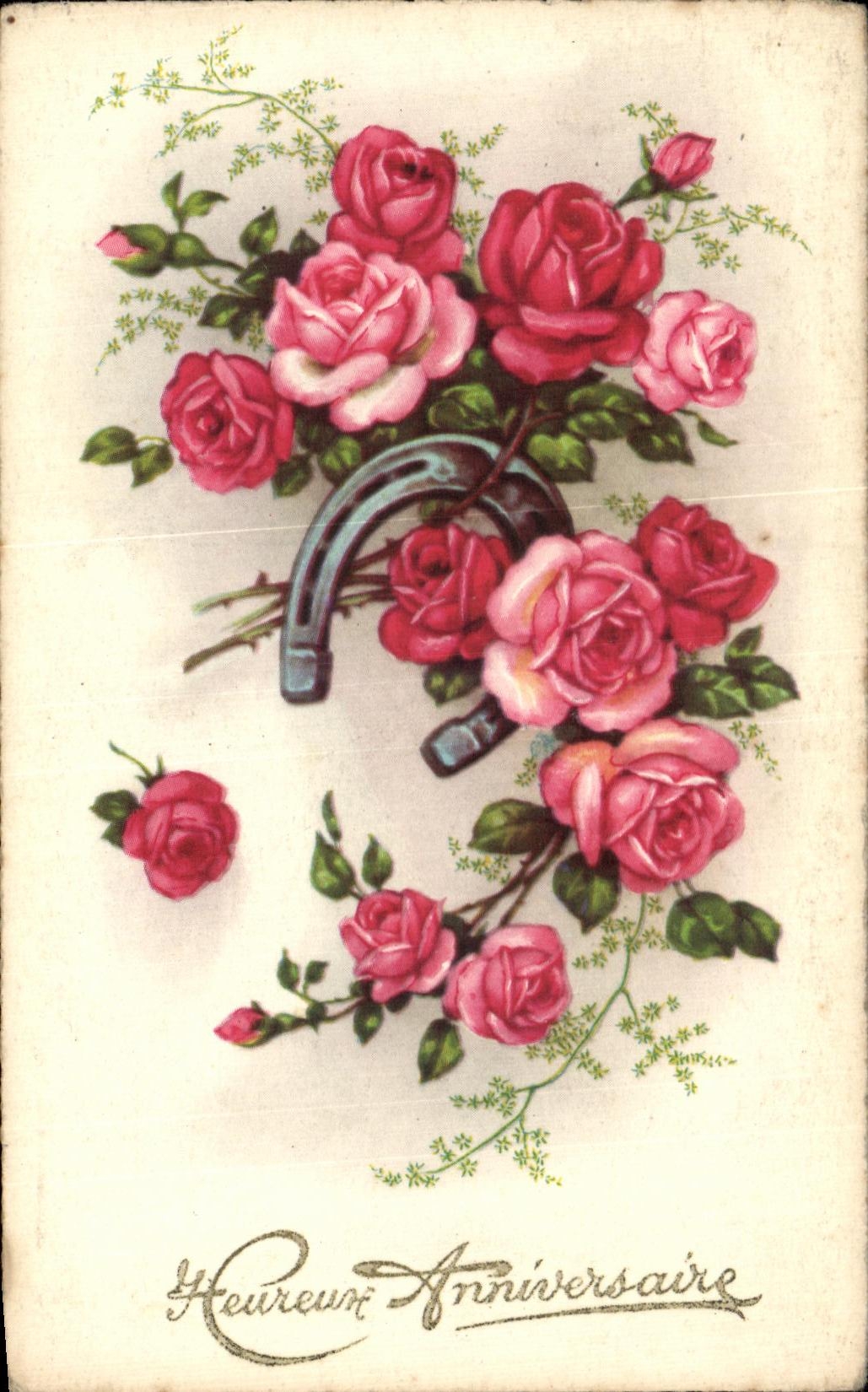 CPA Fantaisie Fleurs Heureux Anniversaire Fer a cheval