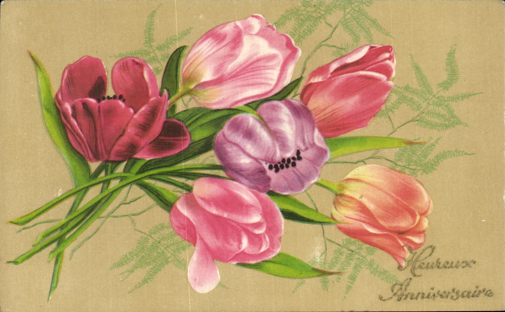 CPA Fantaisie Fleurs Heureux Anniversaire