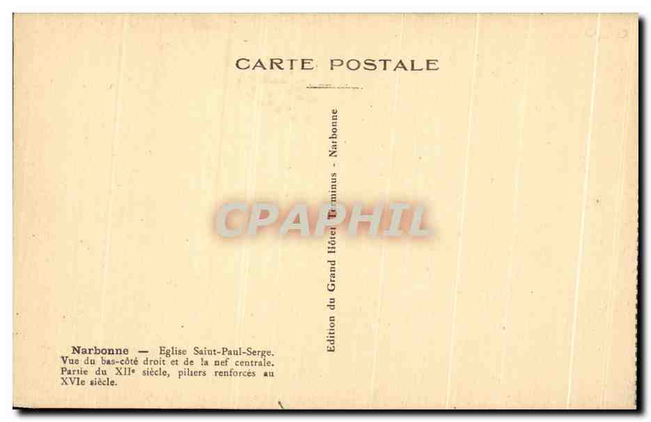 CPA Narbonne Eglise Saint Paul Serge Vue du bas cote droit et de la nef centrale — Rückseite