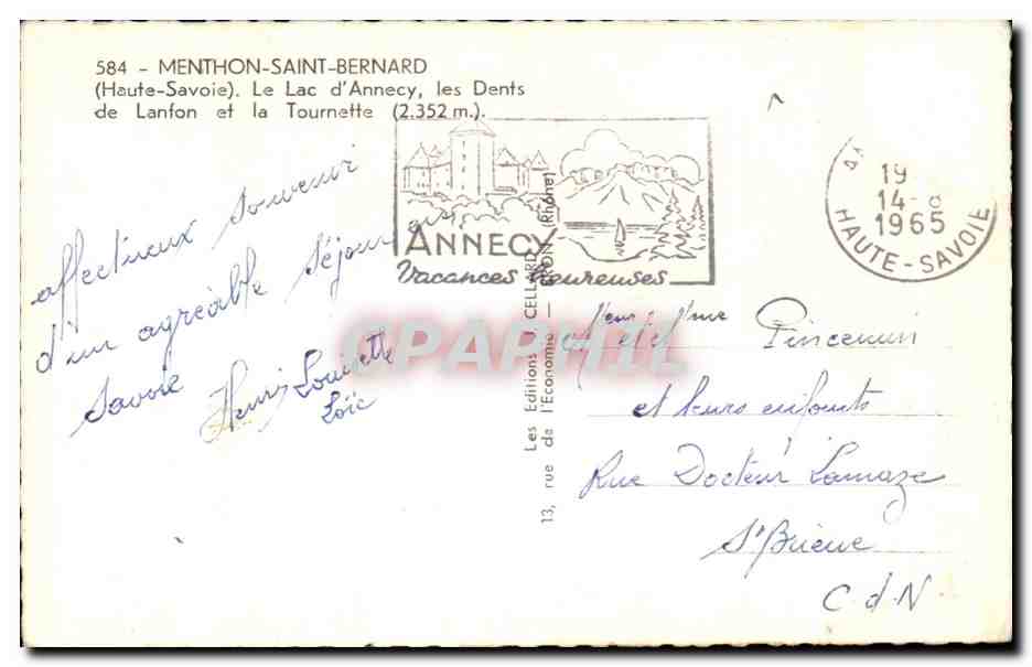 Menthon-Saint-Bernard — Le Lac d'Annecy, les Dents de Lanfon et la Tournette (2.352 m.) — Édition Cellard, n° 584 — Verso