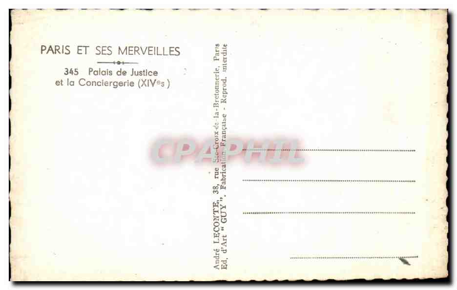 CPA Paris Et Ses Merveilles Palais de Justice et la Conciergerie — Rückseite