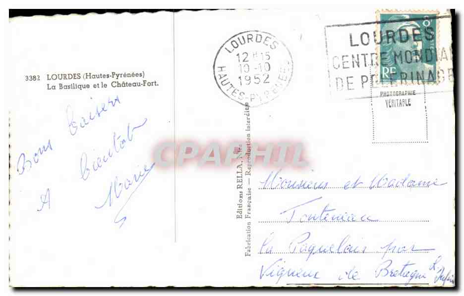 CPA Lourdes La Basilique et le Chateau Fort — Verso