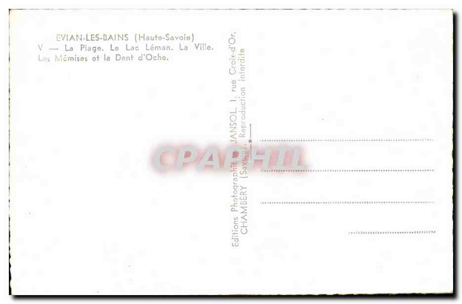 CPA Evian Les Bains La Plage Le Lac Leman La Ville Les Memises et la Dent d'Oche — Verso