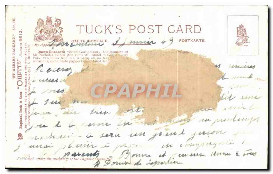 CPA Queen Elizabeth's Visit to St Albans The Revels before Her Majesty — Rückseite
