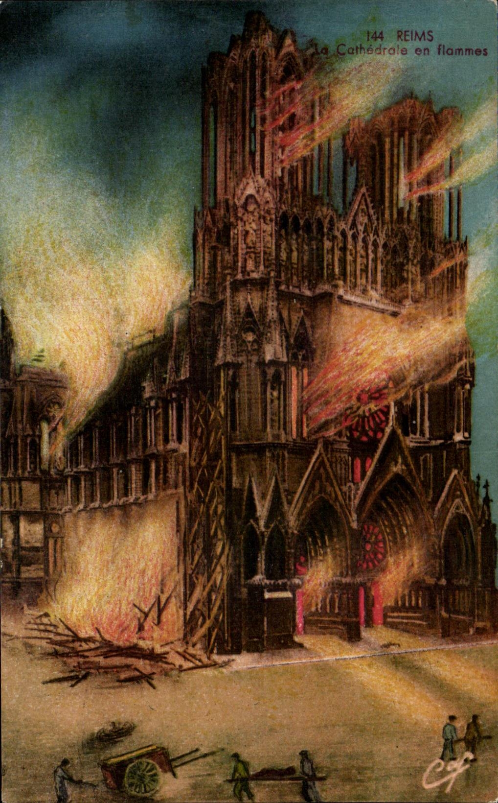 CPA Reims La Cathedrale en flammes