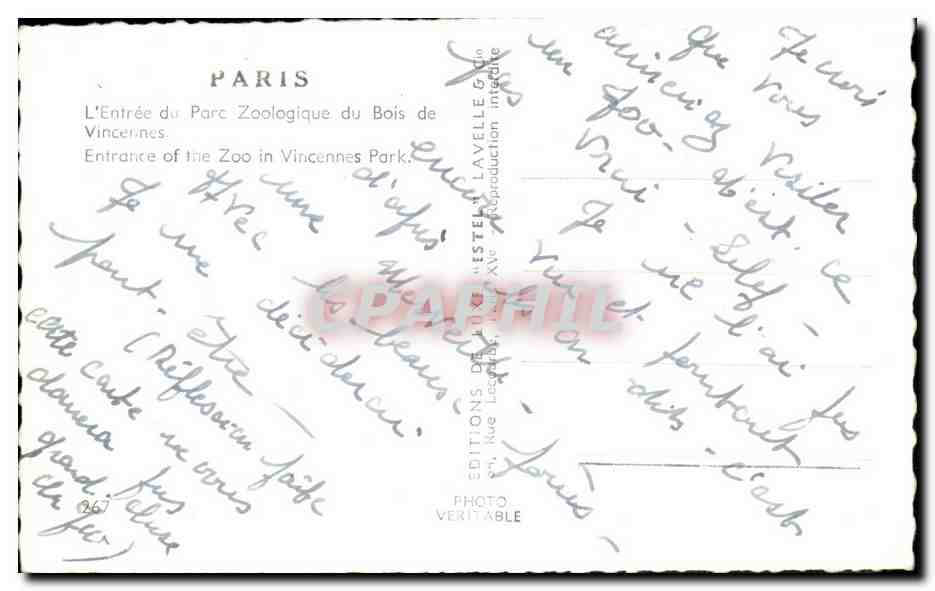 Entrée du Parc Zoologique du Bois de Vincennes — Paris — Éditeur Estel, n° 267 — Reverso