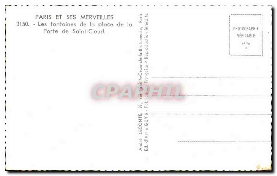 CPA Paris Et Ses Merveilles Les Fontaines De La Place De La Porte De Saint Cloud — Rückseite